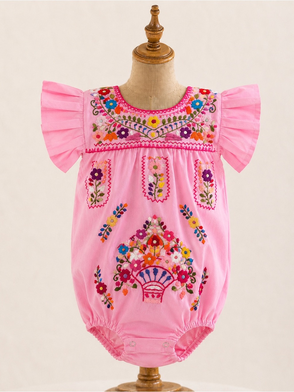 Pink Floral Hand Embroidered Baby Romper